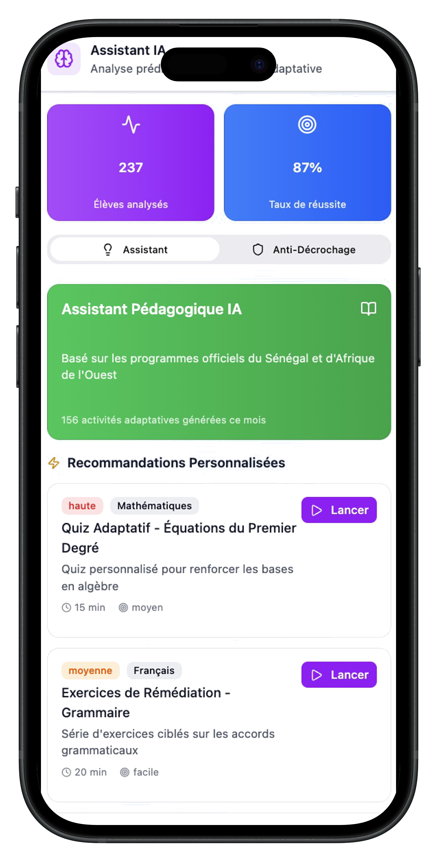 Assistant pédagogique IA Ekolbi - Dashboard recommandations personnalisées basées programmes SN