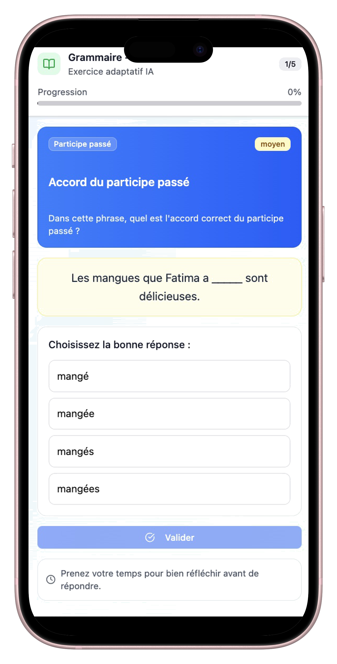 Quiz adaptatif Ekolbi - Grammaire français avec exercice Fatima sur accord participe passé
