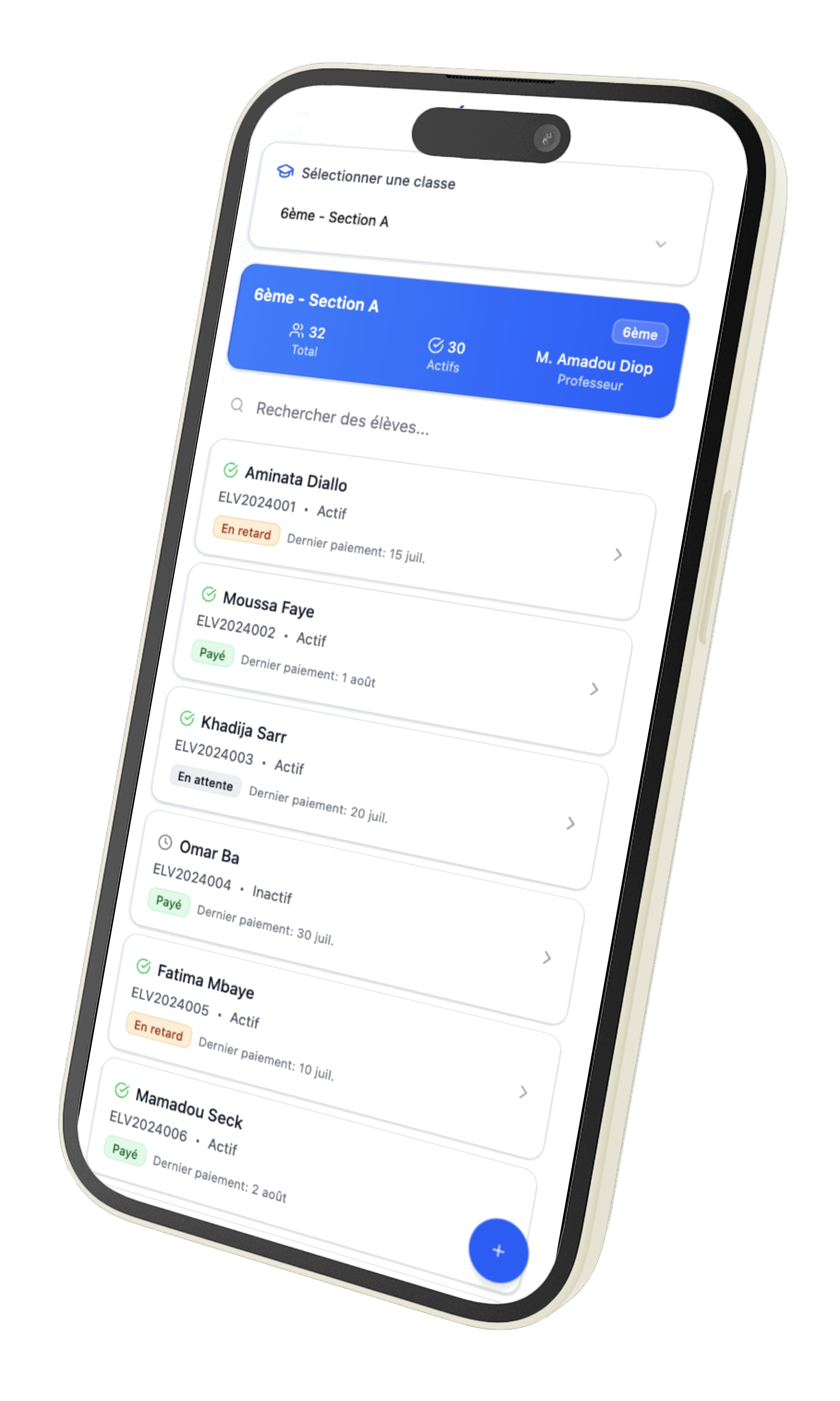 Interface communication Ekolbi - Liste élèves avec statuts paiement (Aminata Diallo en retard, Moussa Faye payé)