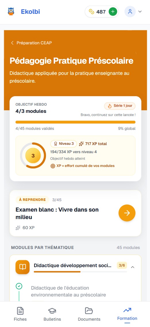 Écran mobile Ekolbi avec parcours d'upskilling